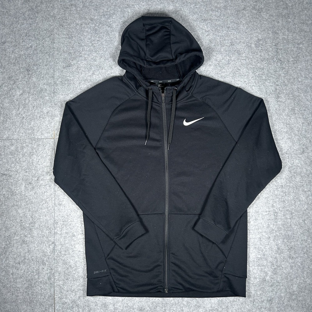 Nike Dri-FIT Hoodie Mens Large Black Full Zip Athletic Training Swoosh